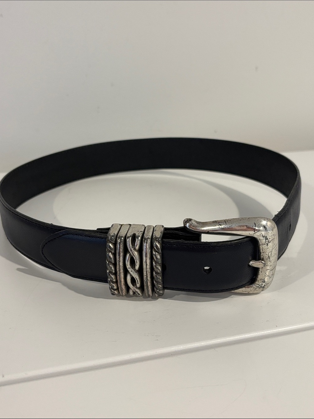Brighton navy blue leather belt silver-tone buckle decorative braided metal